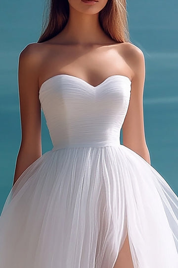 White A-Line Strapless Tulle Long Beach Dress with Slit